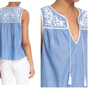 Joie Blue Gavriel Chambray Embroidered Tank Blouse